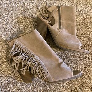 Tan Fringed Wedge Cutout Booties